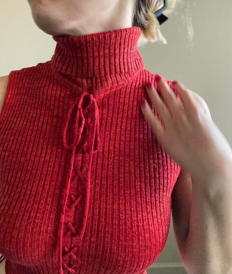 Turtleneck Red Sleeveless String Knit