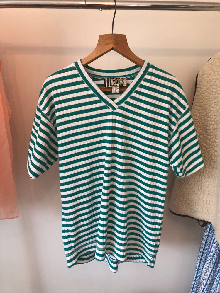 Vintage Ribbed V Neck Green Striped T-Shirt
